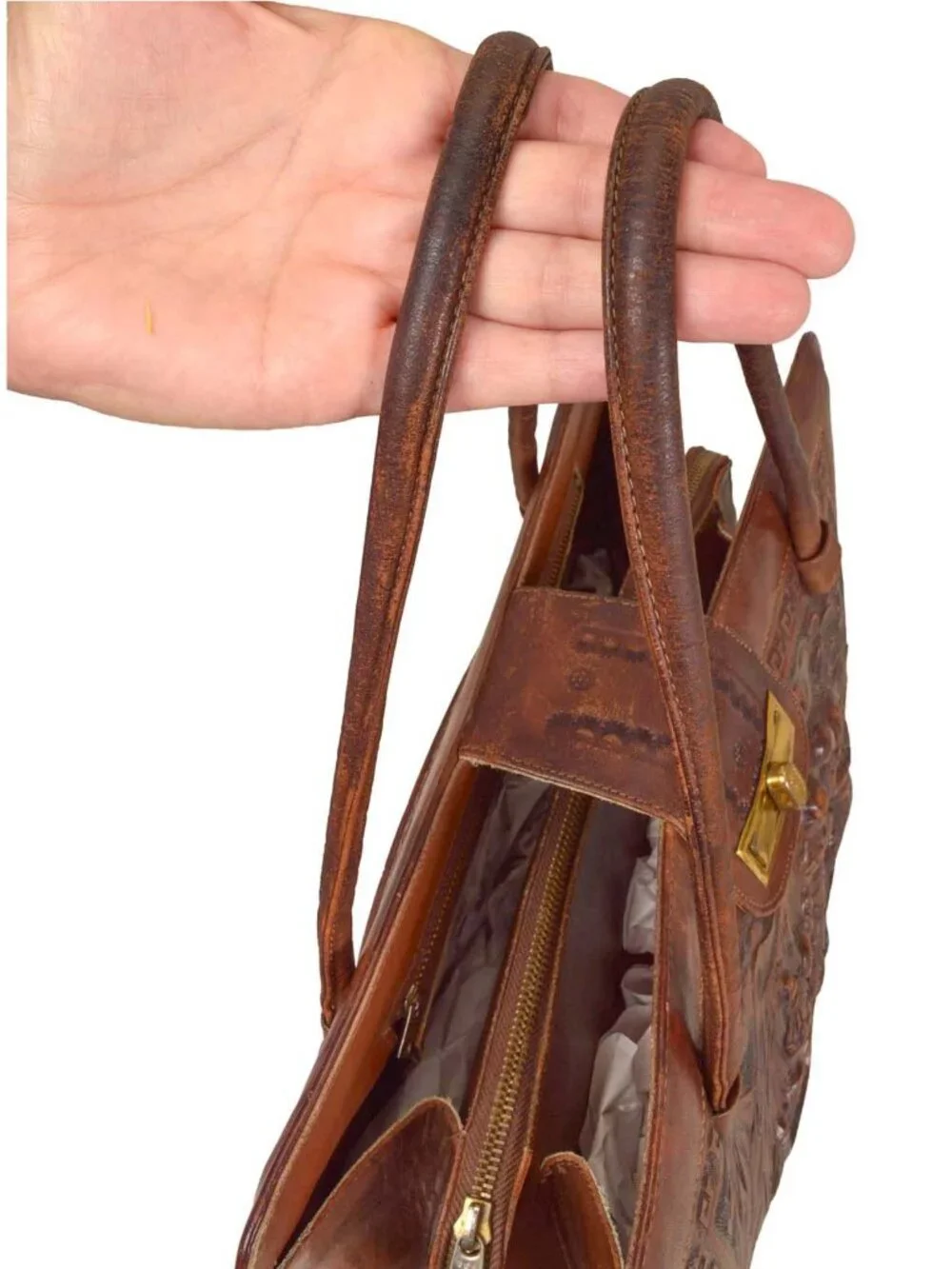 RARE! Mexican hand tooled vintage brown leather purse